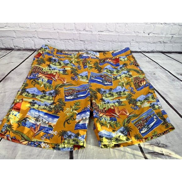vtg Reyn Spooner island scene logo print board‎ shorts swim trunks mens sz M - Picture 1 of 4